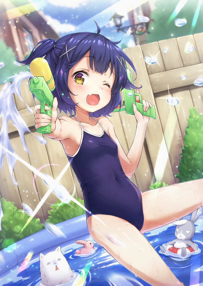 :&lt; ;d =_= ahoge blue_hair blush building closed_mouth collarbone competition_school_swimsuit covered_navel day dual_wielding dutch_angle eyebrows_visible_through_hair fang fence gloom_(expression) gochuumon_wa_usagi_desu_ka? hair_ornament head_tilt highres holding innertube jouga_maya kasehk looking_at_viewer one-piece_swimsuit one_eye_closed open_mouth outdoors outstretched_arm plant short_hair sitting smile sparkle sunlight swimsuit tippy_(gochiusa) triangle_mouth trigger_discipline two_side_up wading_pool water water_drop water_gun wet wild_geese window wooden_fence x_hair_ornament yellow_eyes