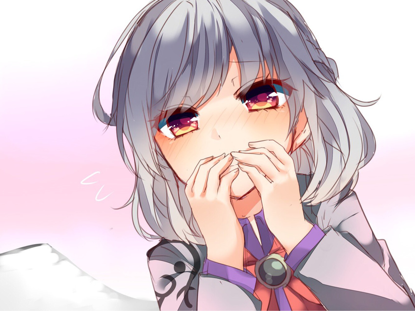 bangs blush bow bowtie braid closed_mouth eyebrows_visible_through_hair flying_sweatdrops french_braid hand_to_own_mouth hands_up jacket karasusou_nano kishin_sagume long_sleeves looking_at_viewer multicolored multicolored_eyes portrait red_bow red_neckwear short_hair silver_hair smile solo touhou