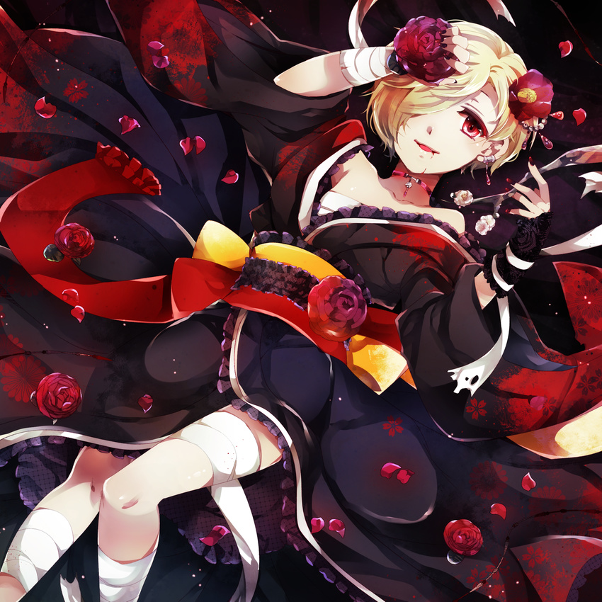 akatsuki_yakyou bandages black_kimono blonde_hair blood blood_on_face flower hair_flower hair_ornament hair_over_one_eye highres idolmaster idolmaster_cinderella_girls japanese_clothes kimono lying nail_polish obi on_back open_mouth red_eyes red_flower red_nails sash shirasaka_koume short_hair smile solo