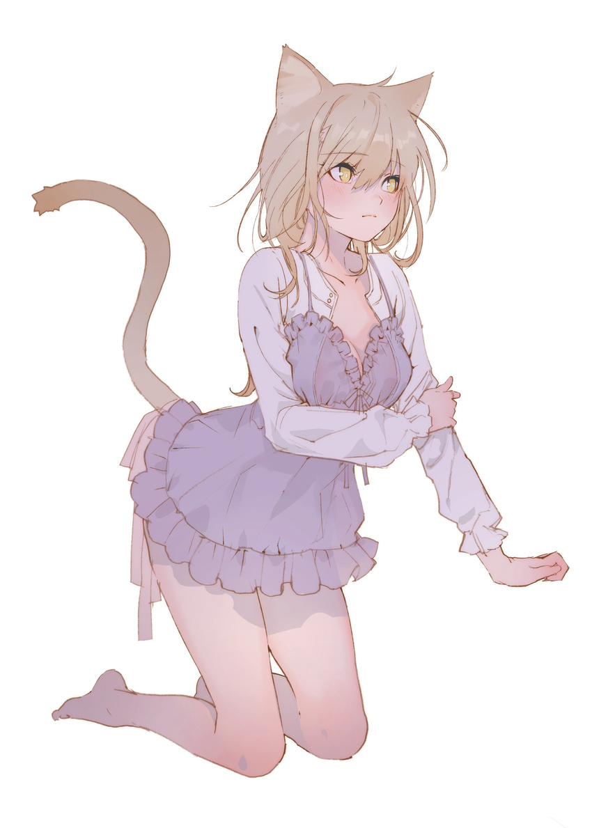 absurdres animal_ears arched_back arutera banned_artist bare_legs barefoot blush breast_hold breasts bright_pupils cat_ears cat_tail cleavage closed_mouth dress eyebrows_visible_through_hair full_body hair_between_eyes hand_on_own_arm highres kneeling leaning_forward light_brown_hair long_sleeves looking_away medium_breasts original ribbon short_dress simple_background solo tail tail_ribbon white_background white_pupils yellow_eyes