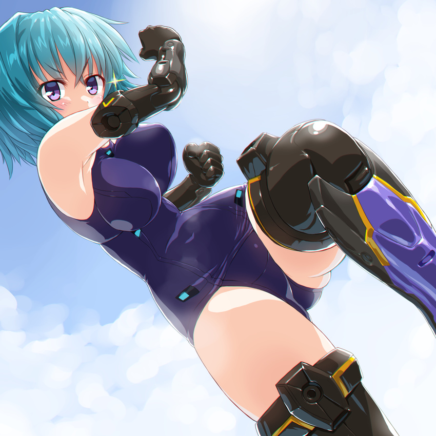 black_gloves black_legwear blue_hair blush breasts covered_navel dd_(ijigendd) elbow_gloves eyebrows_visible_through_hair frame_arms_girl gloves gradient highres hresvelgr large_breasts mecha_musume old_school_swimsuit one-piece_swimsuit purple_eyes school_swimsuit short_hair solo swimsuit thighhighs