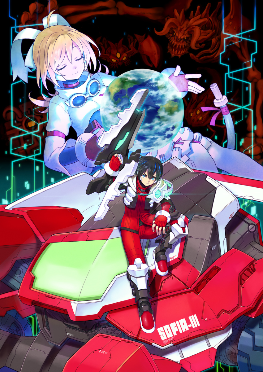 1girl black_hair blaster_master_zero blonde_hair blue_eyes closed_eyes earth eve_(blaster_master_zero) fingerless_gloves gloves ground_vehicle hair_ribbon highres jason_frudnick long_hair looking_at_viewer military military_vehicle monster motor_vehicle natsume_yuji official_art outstretched_arms projected_inset ribbon short_hair sitting smile sofia_iii tank