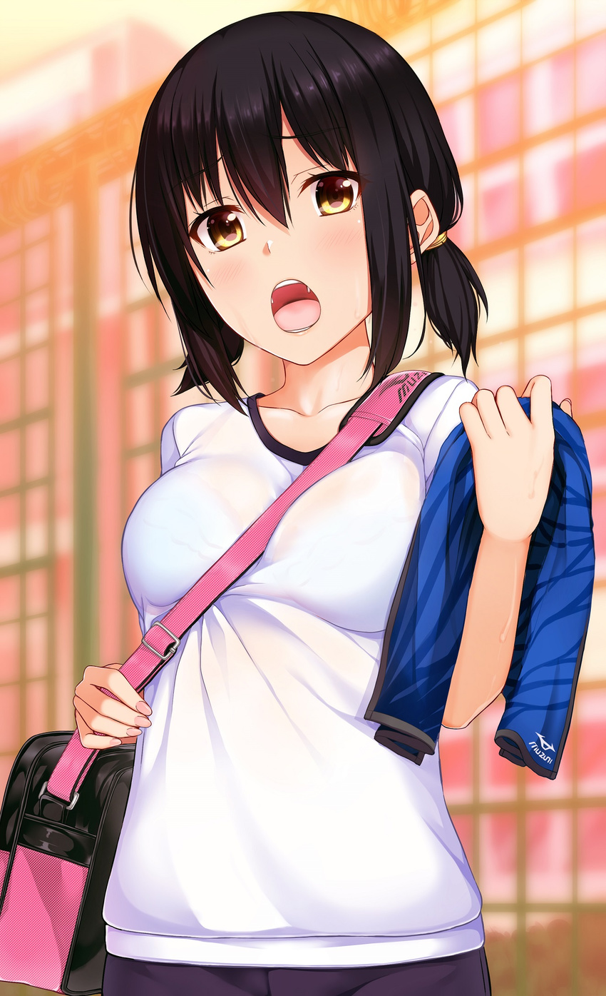 bag bangs between_breasts black_hair blue_bra bra brand_name_imitation breasts collarbone commentary_request eyebrows_visible_through_hair gym_uniform hair_between_eyes highres holding holding_towel indoors looking_at_viewer medium_breasts mizuno open_mouth original see-through shirt short_twintails shoulder_bag sidelocks solo strap_cleavage t-shirt takocha teeth towel twintails underwear white_shirt yellow_eyes