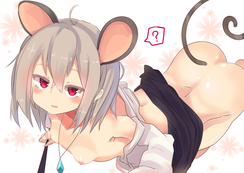 ? ahoge animal_ears ass bangs bare_shoulders black_skirt blush breasts eyebrows_visible_through_hair grey_hair hair_between_eyes highres holding jewelry looking_at_viewer mouse_ears mouse_tail nazrin necklace nipples no_panties off_shoulder open_mouth red_eyes shirt short_hair skirt skirt_lift small_breasts solo spoken_question_mark sweat tail te_toga touhou white_shirt
