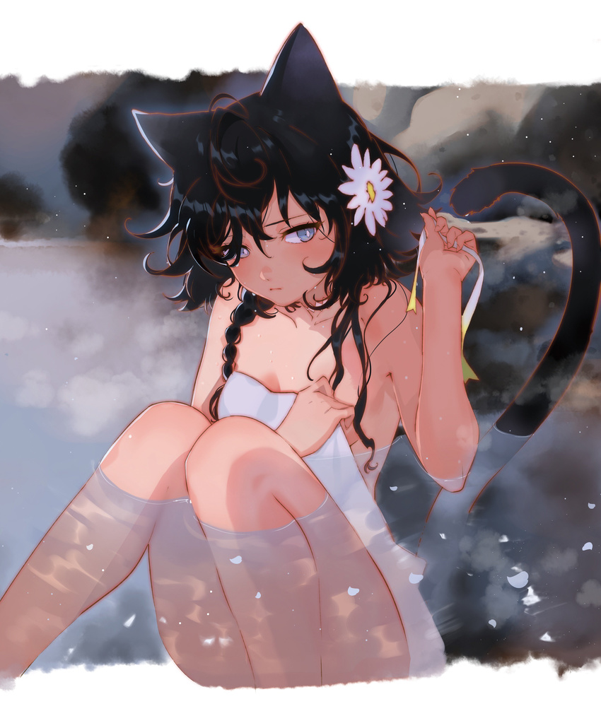 absurdres animal_ears arutera bangs banned_artist bathing black_hair blue_eyes blush braid breasts bright_pupils cat_ears cat_girl cat_tail closed_mouth collarbone covering cowlick flower hair_between_eyes hair_flower hair_ornament hand_up highres lavender_eyes looking_at_viewer looking_away naked_towel nude_cover onsen original outdoors partially_submerged petals ribbon short_hair short_hair_with_long_locks side_braid sitting small_breasts snowing solo steam tail towel tsurime wet white_pupils