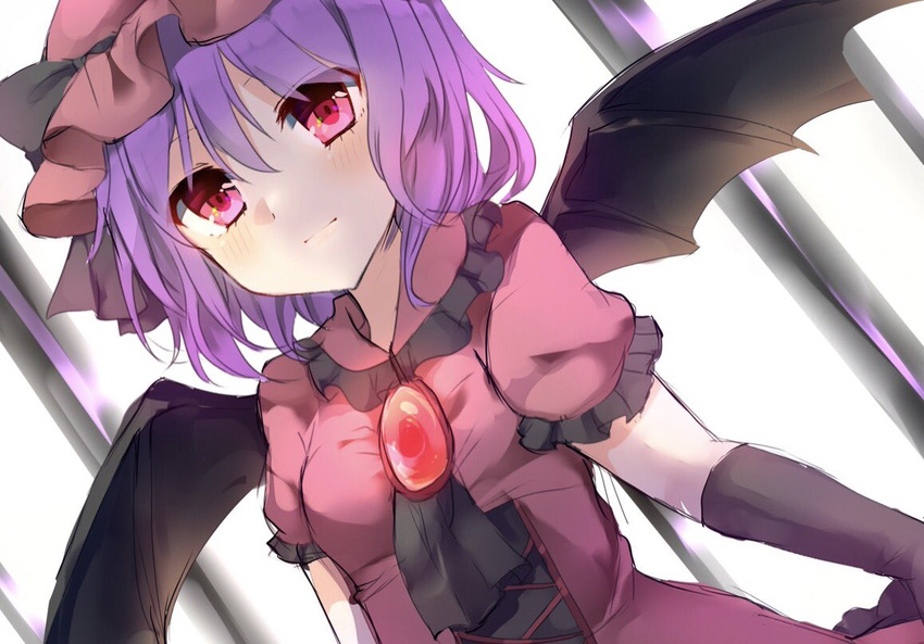 bangs bat_wings black_bow black_gloves blush bow brooch closed_mouth dutch_angle elbow_gloves gloves hair_between_eyes hat hat_bow jewelry karasusou_nano looking_at_viewer mob_cap pink_eyes pink_hat purple_hair remilia_scarlet short_hair short_sleeves solo touhou upper_body wings