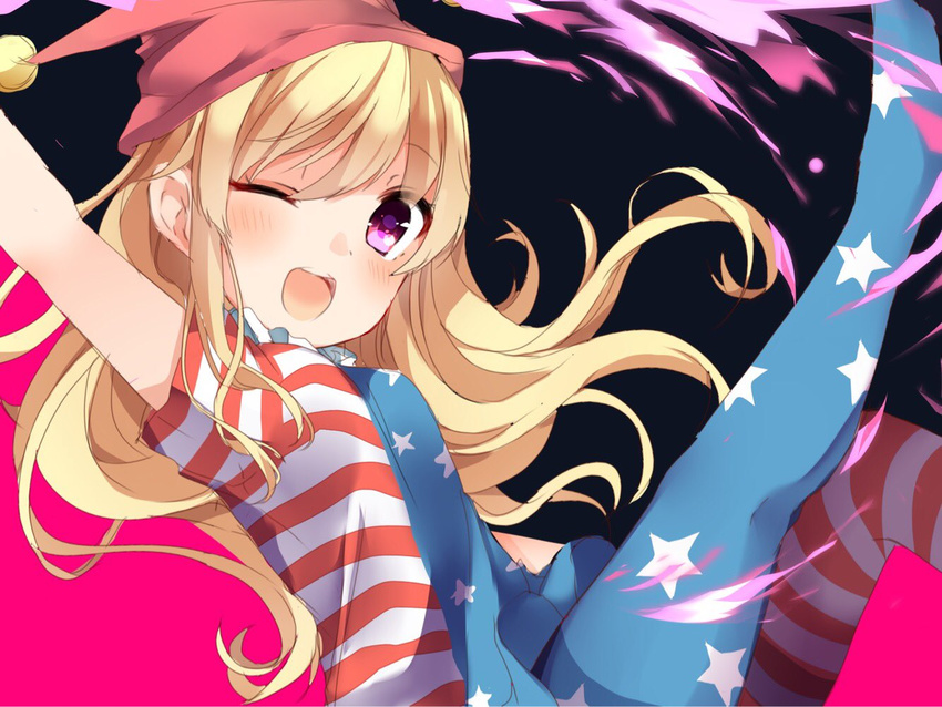 ;d american_flag_dress american_flag_legwear arm_up bangs blonde_hair blush clownpiece eyebrows_visible_through_hair hair_between_eyes hat jester_cap karasusou_nano long_hair looking_at_viewer multicolored multicolored_background one_eye_closed open_mouth purple_eyes short_sleeves sidelocks smile solo touhou two-tone_background