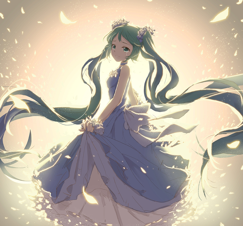 blue_dress crying crying_with_eyes_open dress floating_hair from_side green_eyes green_hair hatsune_miku lengchan_(fu626878068) long_dress long_hair sketch sleeveless sleeveless_dress solo standing tears twintails very_long_hair vocaloid wrist_cuffs