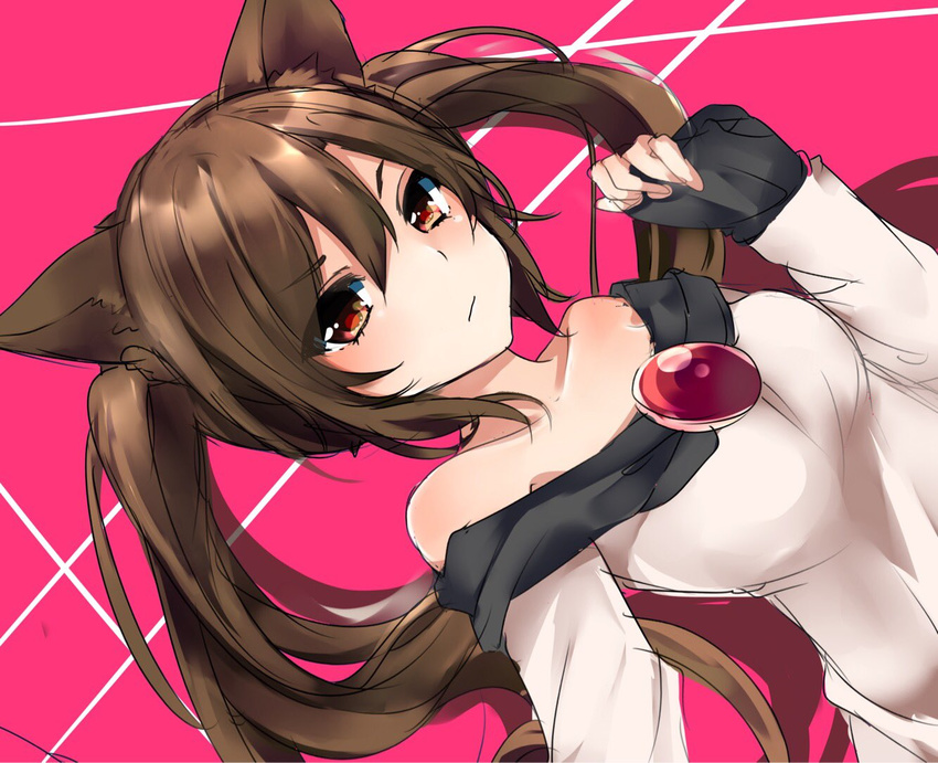 alternate_hairstyle animal_ears bangs bare_shoulders brooch brown_eyes brown_hair closed_mouth dutch_angle eyebrows_visible_through_hair hair_between_eyes imaizumi_kagerou jewelry karasusou_nano long_hair looking_at_viewer pink_background sleeves_past_wrists solo touhou twintails upper_body wolf_ears