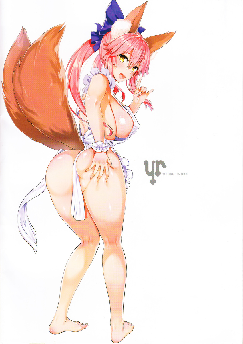 \m/ absurdres animal_ears apron ass ass_grab bare_legs blush bow breasts circle_name covered_nipples fate/extra fate_(series) fox_ears fox_tail hair_bow highres kojima_saya large_breasts long_hair looking_at_viewer naked_apron non-web_source open_mouth pink_hair scan sideboob simple_background smile solo tail tamamo_(fate)_(all) tamamo_no_mae_(fate) twintails white_background wrist_cuffs yellow_eyes