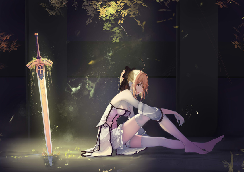 ahoge artoria_pendragon_(all) aura backlighting bangs bare_shoulders black_ribbon blonde_hair breasts cleavage excalibur fate/grand_order fate_(series) from_side glowing grass green_eyes hair_ribbon highres hoshino_arika knee_up light light_particles long_legs looking_at_viewer medium_breasts overgrown parted_lips plant ribbon saber_lily see-through short_hair short_ponytail sitting_on_ground solo stuck sword thighhighs thighs vines weapon white_legwear