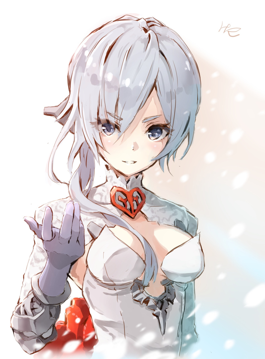 artist_name asymmetrical_hair bad_id bad_pixiv_id bangs blue_eyes breasts commentary_request dress eyebrows_visible_through_hair eyes_visible_through_hair gloves grey_gloves grey_hair grin hair_over_shoulder hand_up highres hoshizaki_reita long_hair looking_at_viewer medium_breasts parted_lips signature silver_hair sinoalice smile snow_white_(sinoalice) solo tsurime upper_body white_dress