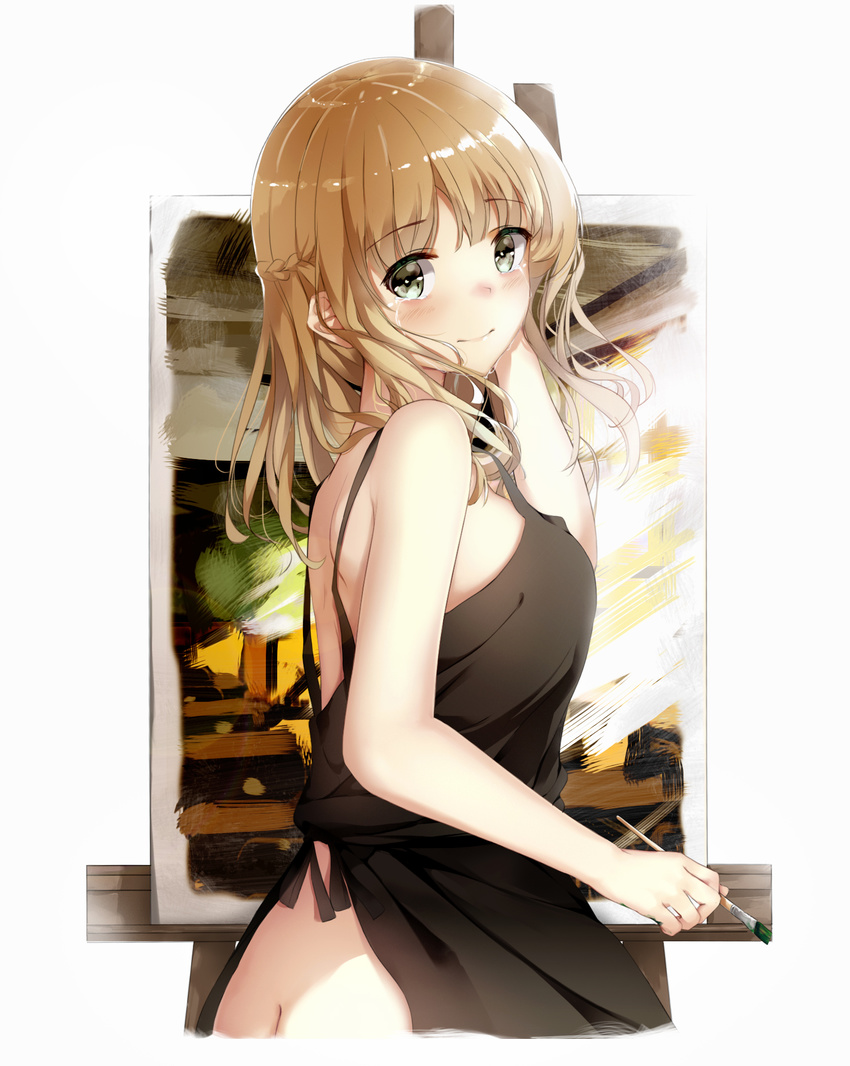 apron ass black_apron brown_hair eyebrows_visible_through_hair from_side green_eyes highres holding holding_paintbrush long_hair looking_at_viewer looking_back naked_apron niii_(memstapak) original paint paintbrush simple_background smile solo tears white_background