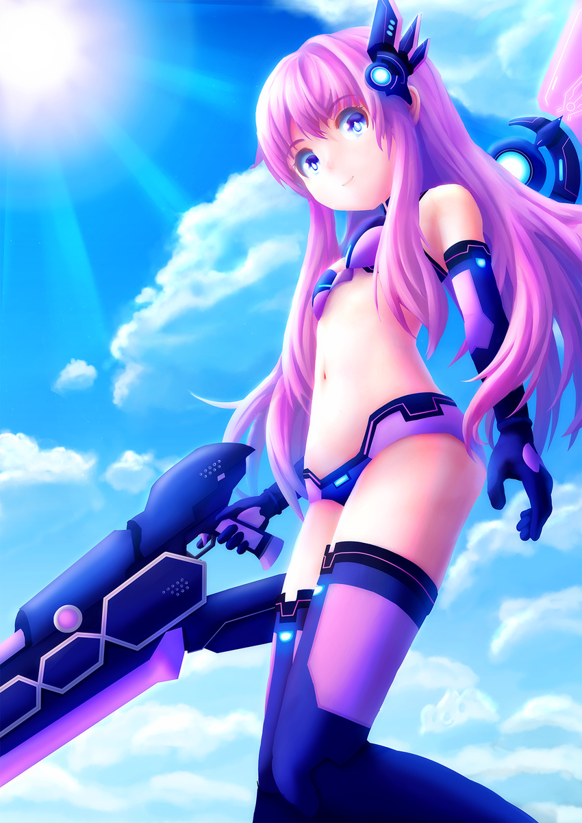blue_eyes breasts cleavage cloud day elbow_gloves eyebrows eyebrows_visible_through_hair gloves hair_ornament highres long_hair looking_at_viewer navel nepgear neptune_(series) pink_hair purple_eyes purple_sister sky small_breasts smile solmyr2000 solo sword symbol-shaped_pupils very_long_hair weapon