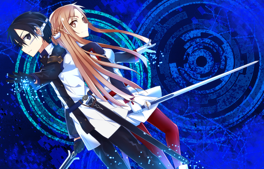 1girl asuna_(sao) black_eyes black_gloves black_hair black_pants brown_eyes brown_hair dutch_angle eyebrows_visible_through_hair gloves hair_between_eyes highres holding holding_sword holding_weapon kirito long_hair looking_at_viewer mizuna_mizuna pants red_pants sheath smile sword sword_art_online sword_art_online_the_movie:_ordinal_scale very_long_hair weapon white_gloves