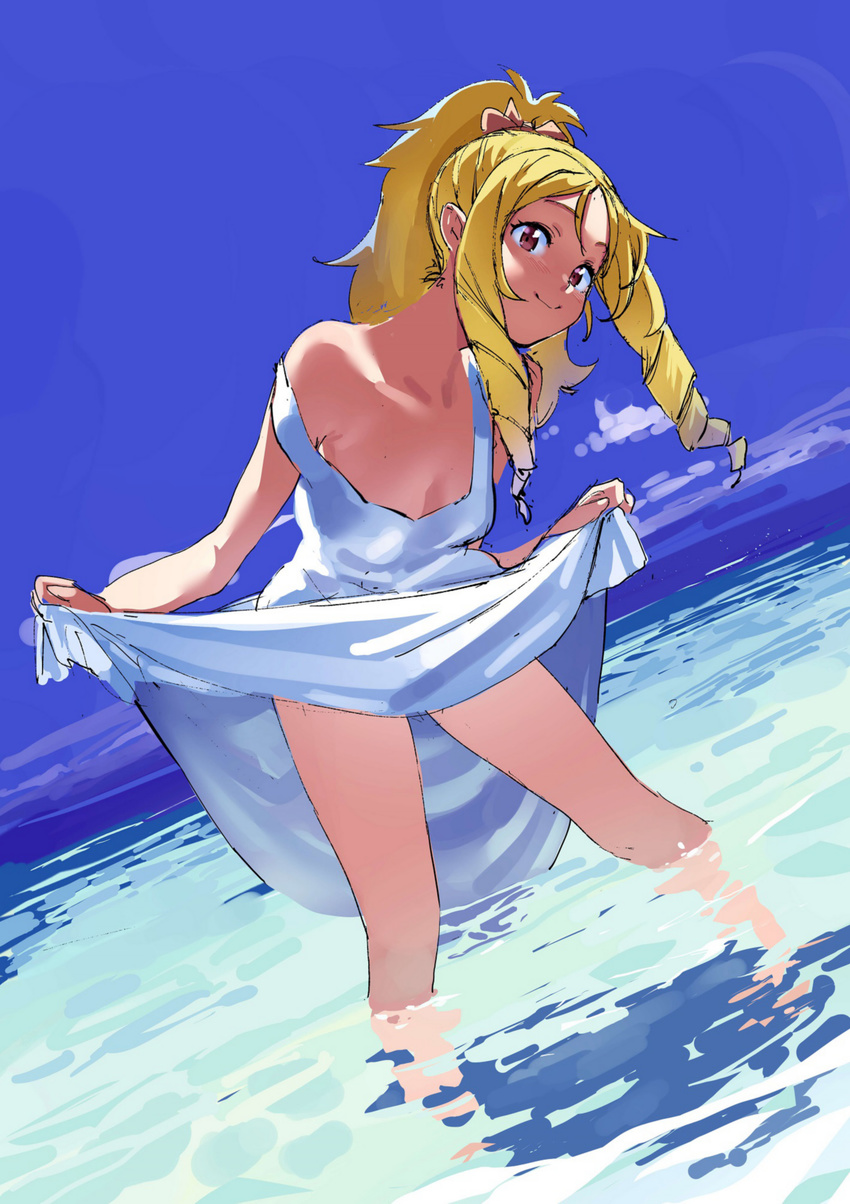 bare_shoulders blonde_hair blue_sky blush bow breasts cleavage closed_mouth day dress dress_lift drill_locks eromanga_sensei hair_bow highres kitou_sakeru looking_at_viewer ocean ponytail red_eyes sky small_breasts smile solo standing strap_slip wading water white_dress yamada_elf