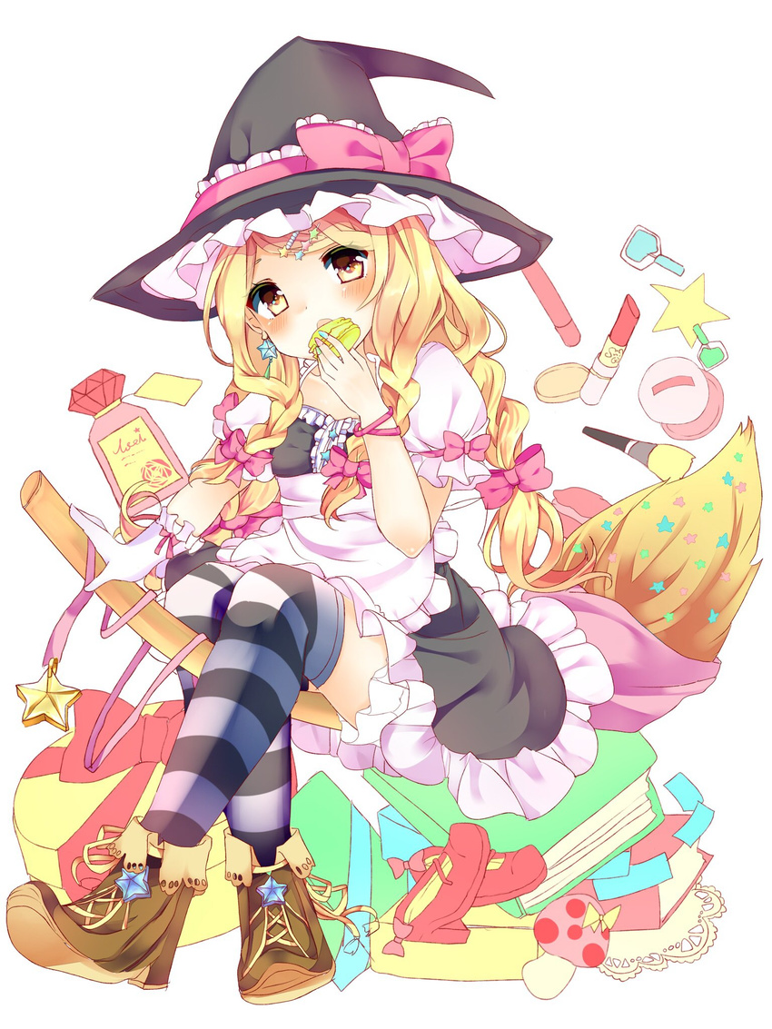 apron bangs blonde_hair bloomers blush book bow bracelet braid broom broom_riding brown_footwear commentary_request earrings full_body gift gloves hair_bow hair_ornament hat hat_bow highres holding jewelry karasusou_nano kirisame_marisa lipstick long_hair looking_at_viewer makeup mushroom nail_polish open_mouth pink_bow shoes short_sleeves side_braid simple_background single_glove sitting solo star star_earrings star_hair_ornament striped striped_legwear thighhighs touhou twin_braids underwear waist_apron white_apron white_background white_gloves witch_hat yellow_eyes