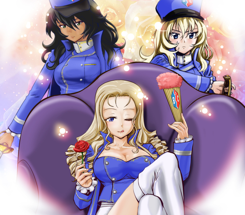 :p andou_(girls_und_panzer) bangs bc_freedom_(emblem) bc_freedom_military_uniform black_hair blonde_hair blouse blue_blouse blue_coat blue_eyes blue_hat boots breasts chair cleavage closed_mouth commentary_request dark_skin drill_hair emblem fan flower folding_fan frown girls_und_panzer girls_und_panzer_saishuushou green_eyes hat highres holding holding_weapon large_breasts light_particles long_hair long_sleeves looking_at_viewer marie_(girls_und_panzer) multiple_girls one_eye_closed oshida_(girls_und_panzer) red_flower red_rose rose serious sitting smile standing thigh_boots thighhighs tongue tongue_out uniform weapon white_footwear yoyokkun