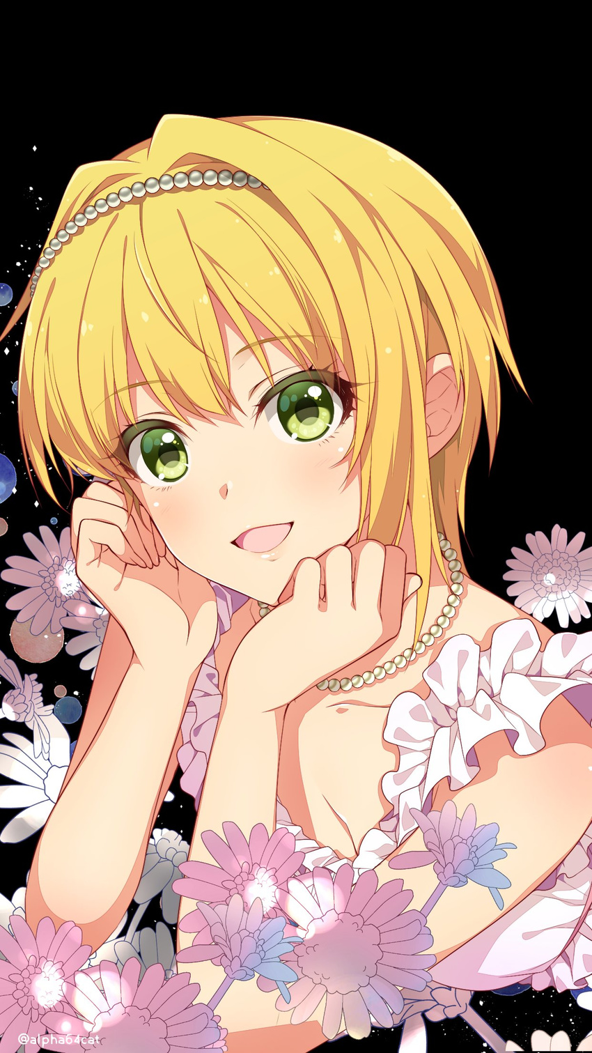 alpha_(yukai_na_nakamatachi) black_background blonde_hair breasts chin_rest cleavage commentary_request dress flower green_eyes hand_on_own_cheek highres idolmaster idolmaster_cinderella_girls jewelry jpeg_artifacts miyamoto_frederica necklace pearl_necklace small_breasts solo twitter_username white_dress