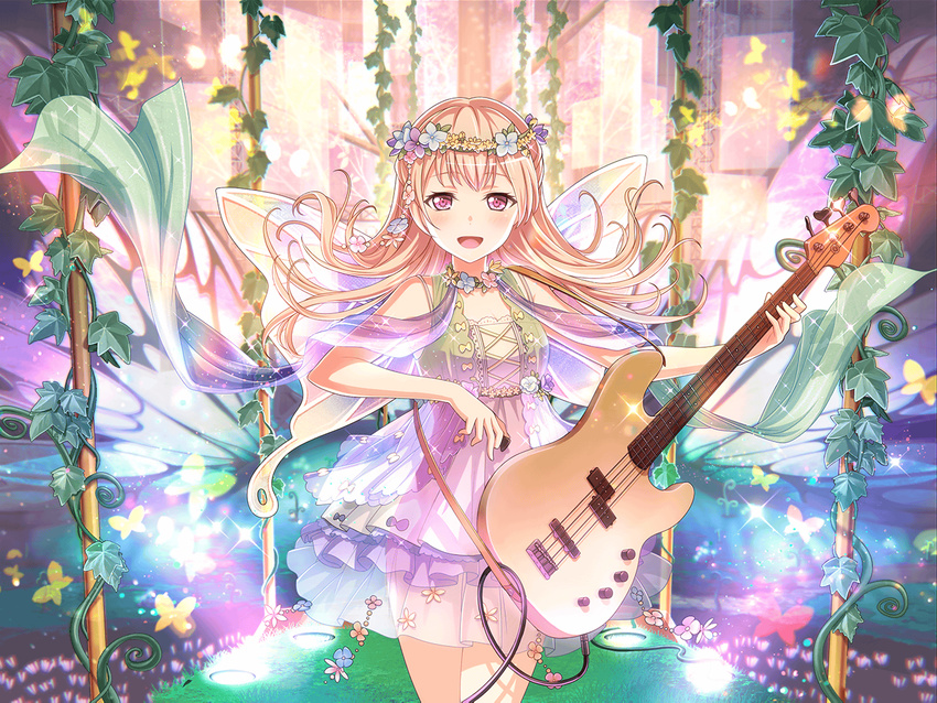 bang_dream! blonde_hair blush dress fairy guitar long_hair music shirasagi_chisato smile wings yellow_eyes