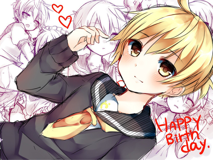 alternate_costume bangs blonde_hair blush closed_mouth commentary_request condom_wrapper crossdressing dutch_angle enmaided eyebrows_visible_through_hair hair_between_eyes happy_birthday heart kagamine_len karasusou_nano long_sleeves looking_at_viewer maid maid_headdress multiple_views neckerchief open_mouth otoko_no_ko panties school_uniform serafuku simple_background skirt sparkle sweat underwear vocaloid white_background yellow_eyes