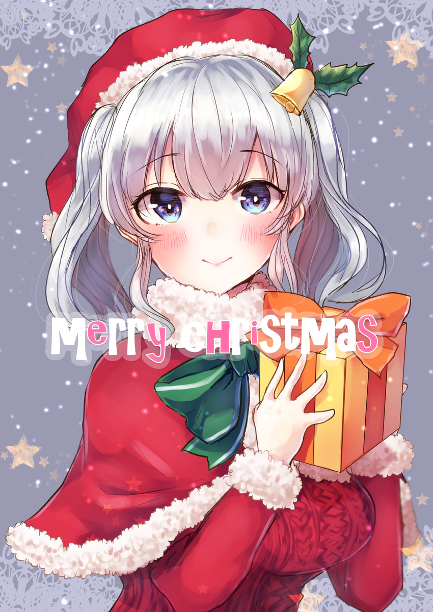 absurdres alternate_costume blue_eyes breasts christmas gift hair_ornament highres kantai_collection kashima_(kantai_collection) large_breasts looking_at_viewer merry_christmas mochiko_(mocchikkoo) santa_costume silver_hair smile solo twintails wavy_hair