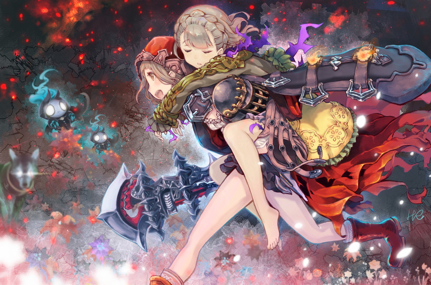 :d artist_name bangs barefoot black_coat blunt_bangs blush boots braid briar_rose_(sinoalice) brown_eyes brown_hair carrying cloak closed_eyes coat commentary_request crown_braid dress embers from_side grey_hair helmet highres hood hood_up hooded_cloak hoshizaki_reita little_red_riding_hood_(sinoalice) long_sleeves multiple_girls night open_clothes open_coat open_mouth outdoors parted_lips piggyback red_footwear running short_hair signature sinoalice smile teeth wavy_hair wolf yellow_dress