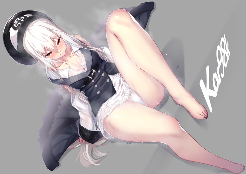 3: bangs bare_legs barefoot belt black_coat black_nails blush breasts character_name closed_mouth collarbone collared_shirt commentary_request dev double-breasted dress_shirt eyebrows_visible_through_hair fur_trim girls_frontline hair_between_eyes half-closed_eyes iron_cross kar98k_(girls_frontline) knee_up large_breasts long_hair looking_at_viewer military military_uniform nail_polish panties red_eyes shirt sidelocks sitting solo steam sweat thighs toenail_polish underwear uniform white_hair white_panties white_shirt