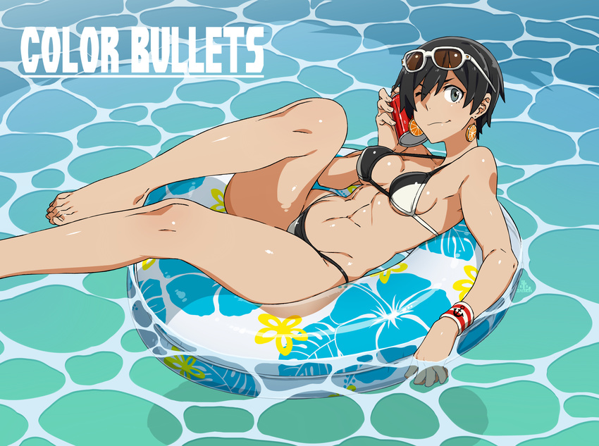 ;) abs afloat bare_legs barefoot bikini black_eyes black_hair breasts can can_to_cheek closed_mouth color_bullets copyright_name danielle_redford_(kamezaemon) day drink earrings eyewear_on_head food_themed_earrings halterneck highres innertube jewelry kamezaemon leg_up looking_at_viewer medium_breasts navel one_eye_closed orange_earrings original outdoors partially_submerged reclining short_hair smile soda_can solo string_bikini sunglasses swimsuit tan water wristband