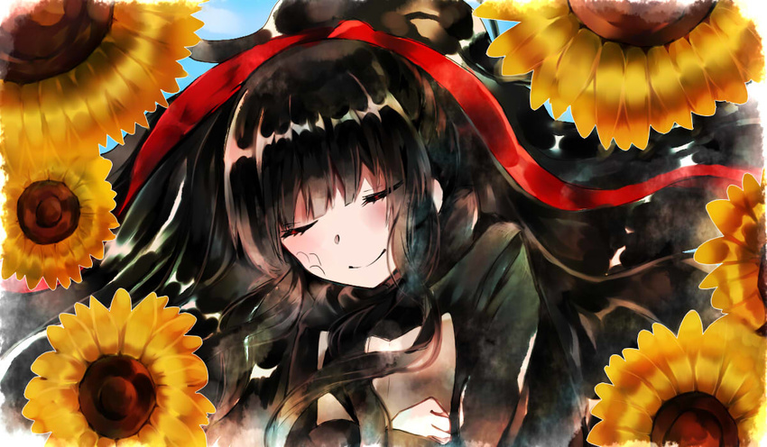 azami_(kagerou_project) black_hair black_jacket closed_eyes commentary_request eyelashes flower hair_ribbon jacket kagerou_project kuuki428 long_hair red_ribbon ribbon scales sidelocks sky smile solo sunflower upper_body very_long_hair