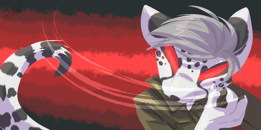 angry anthro attack cheetah claws clothed clothing feline fur grey_hair hair hfd4 male mammal red_eyes ripli simple_background solo spots spotted_fur syntaxis white_fur