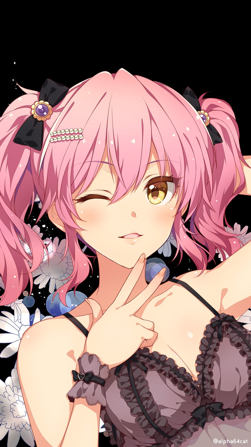 alpha_(yukai_na_nakamatachi) black_background black_bow bow breasts cleavage commentary_request frills gem hair_bow heart_ring highres idolmaster idolmaster_cinderella_girls jougasaki_mika jpeg_artifacts lingerie medium_breasts negligee one_eye_closed parted_lips pink_hair solo twintails twitter_username underwear v yellow_eyes