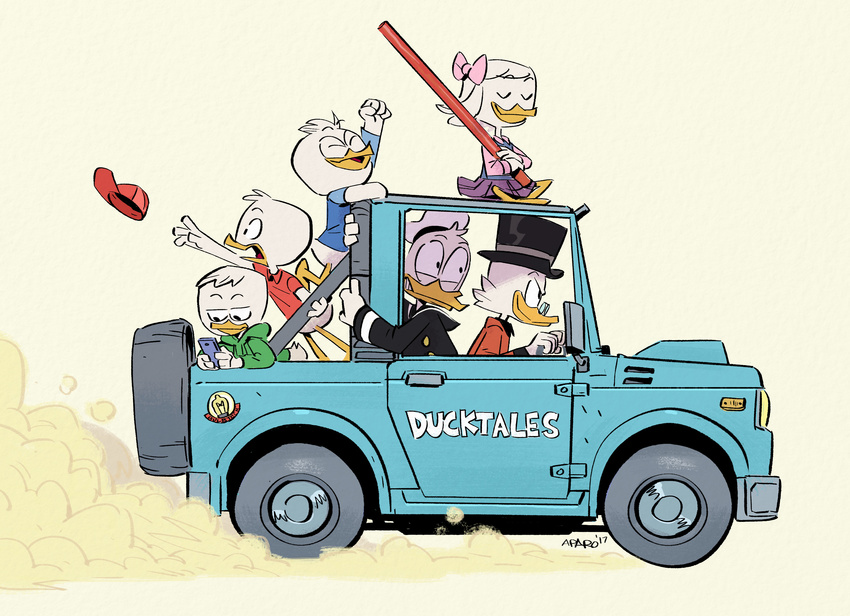 &gt;:) 2017 absurd_res anthro avian baseball_cap bird bottomless car cellphone clothed clothing dewey_duck disney donald_duck dress driving duck ducktales ducktales_(2017) excited eyewear feathers glasses hair_bow hair_ribbon half-closed_eyes hat head_tuft hi_res holding_object hoodie huey_duck jeep louie_duck open_mouth open_smile phone ribbons scared scrooge_mcduck shirt side_view signature simple_background smile top_hat tuft vehicle vince_aparo webby_vanderquack white_feathers