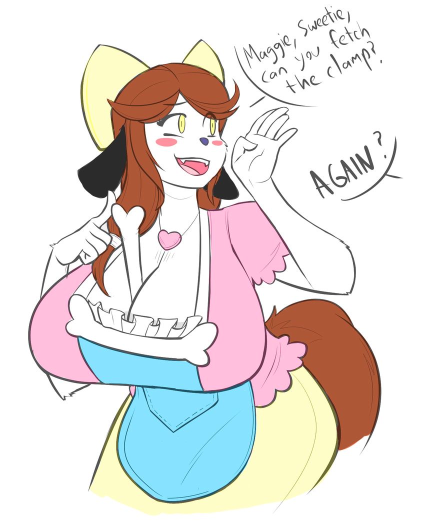 &lt;3 5_fingers anthro apron big_breasts blush bone bow breasts brown_hair canine cleavage clothed clothing cute dialogue dog female hair holly_applebee jewelry long_tail mammal mature_female mother necklace parent shirt skirt smile solo standing teeth theplushblush wide_hips yellow_eyes