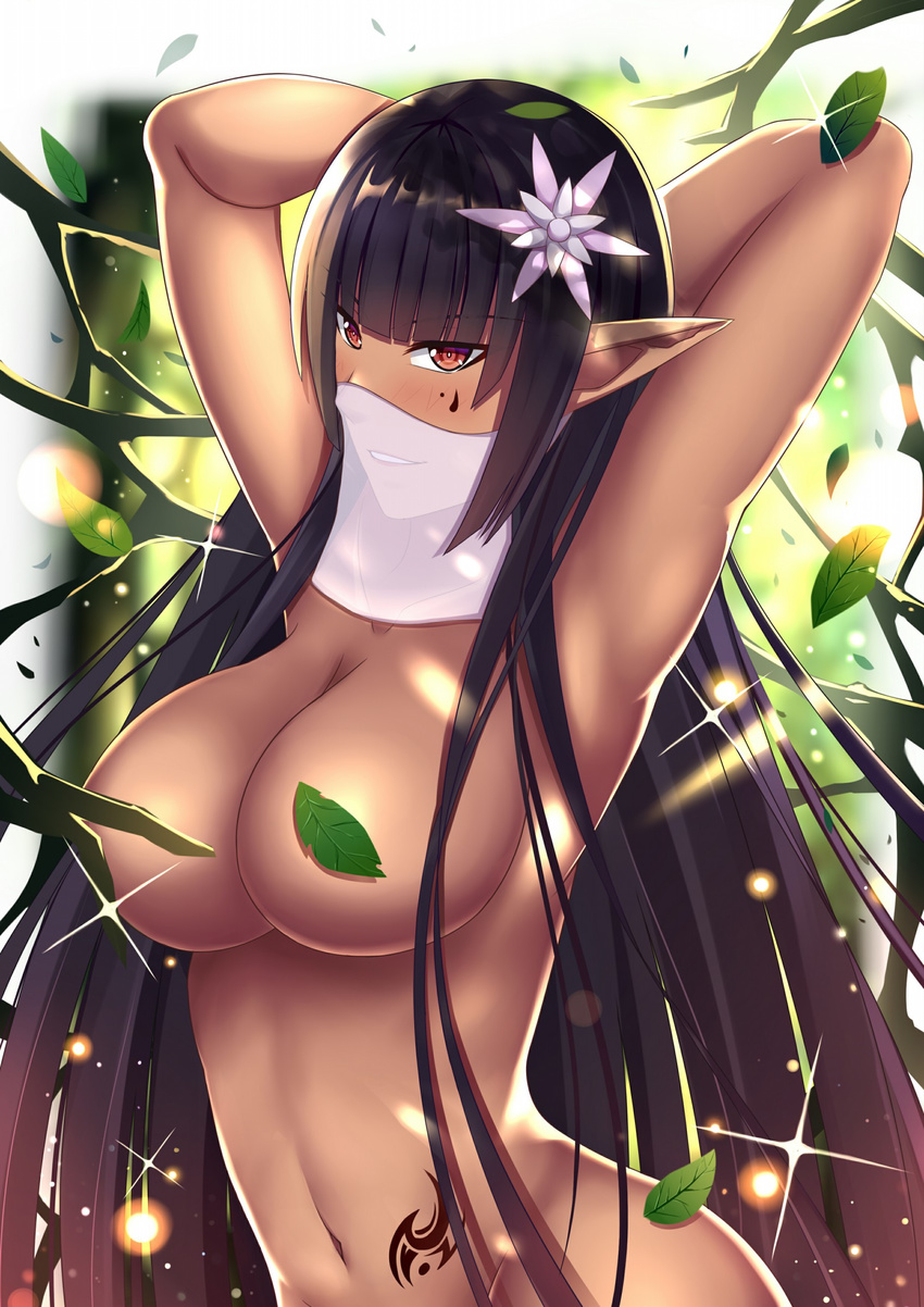 absurdres arched_back armpits arms_behind_head arms_up bangs blunt_bangs blush breasts bright_pupils collarbone commentary_request convenient_censoring dark_elf dark_skin day elf facial_tattoo flower hair_flower hair_ornament highres hips large_breasts leaf long_hair looking_at_viewer navel nude original otono_fei parted_lips pointy_ears red_eyes ringed_eyes seductive_smile see-through smile solo sparkle stomach stomach_tattoo sunlight tattoo upper_body veil very_long_hair white_pupils