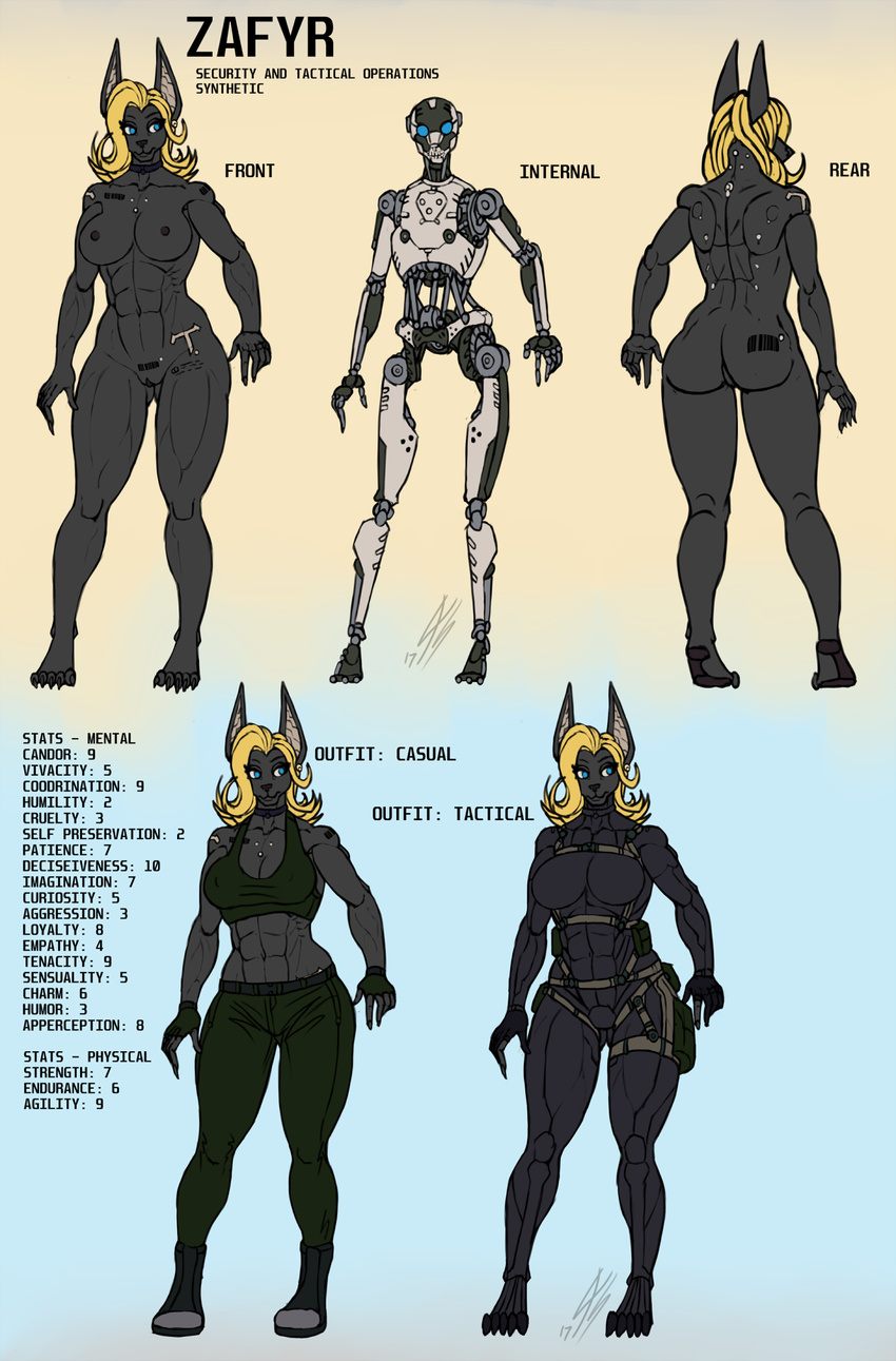 2018 abs android anthro barcode biceps black_fur blonde_hair blue_eyes bodysuit bone boots breasts butt canine clothing female footwear fur hair hi_res jackal machine mammal model_sheet muscular muscular_female navel nipples nude pants pussy robot robotic_reveal shirt skeleton skinsuit solo talynn tank_top tattoo tight_clothing zafyr_(talynn)