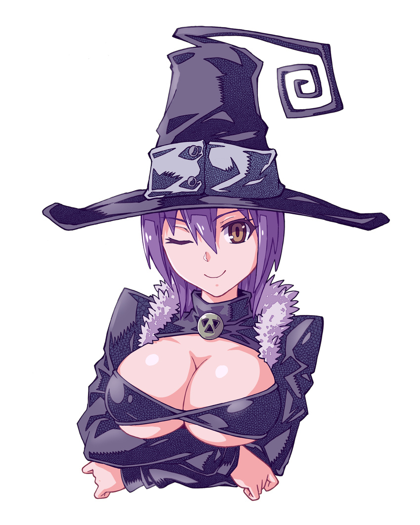 a4typhoon absurdres blair breasts brown_eyes cleavage framed_breasts hat highres large_breasts looking_at_viewer one_eye_closed purple_hair short_hair simple_background smile solo soul_eater upper_body witch_hat