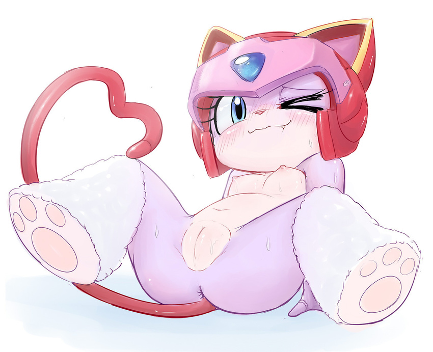 anthro armor blue_eyes blush breasts cat cute eyelashes fangs feline female fur helmet mammal mcsadat nipples pawpads pink_fur polly_esther presenting presenting_pussy pussy samurai_pizza_cats spread_legs spreading sweat