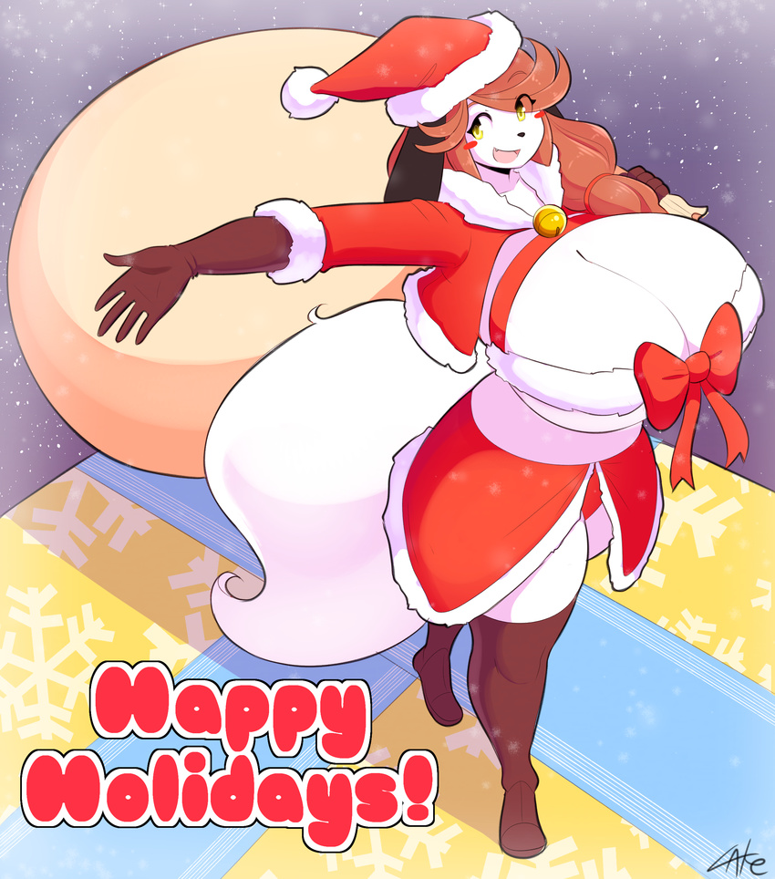 2016 bag bell big_breasts blush bow breasts brown_fur canine christmas clothing cute dog female fur gloves hat holidays holly_applebee mammal mature_female mother parent ribbons solo theycallhimcake walking yellow_fur