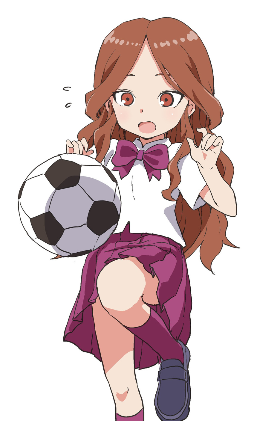 absurdres ball bangs black_footwear bow bowtie brown_eyes brown_hair flying_sweatdrops highres inazuma_eleven inazuma_eleven_(series) kneehighs loafers long_hair open_mouth parted_bangs pleated_skirt purple_bow purple_legwear purple_neckwear purple_skirt raimon_natsumi shoes short_sleeves sidelocks simple_background skirt soccer_ball solo tsurime white_background yamamoto_souichirou