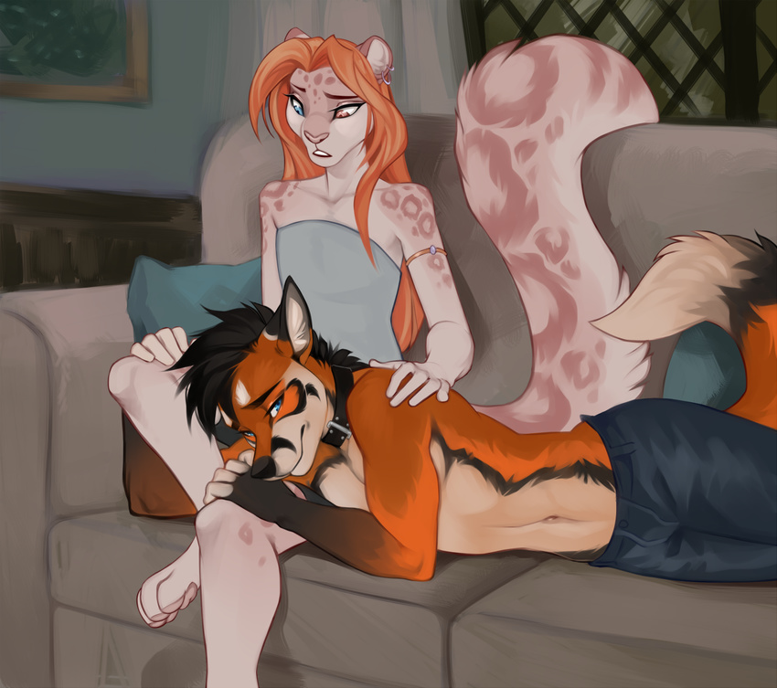 2017 anthro black_hair blue_eyes canine clothed clothing collar comforting crossdressing cuddling demicoeur feline fox fur girly hair heterochromia leopard long_tail lying male mammal piercing pink_eyes pink_fur sad sitting snow_leopard sofa