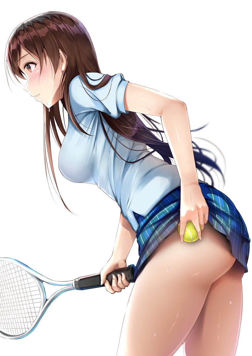 absurdres ass ball banned_artist blurry blush breasts brown_eyes brown_hair cowboy_shot depth_of_field fay_(fay_axl) from_side highres holding idolmaster idolmaster_cinderella_girls leaning_forward long_hair looking_away medium_breasts miniskirt nitta_minami parted_lips plaid plaid_skirt pleated_skirt profile racket short_sleeves simple_background skirt solo sportswear sweat tennis_ball tennis_racket tennis_uniform thighs white_background
