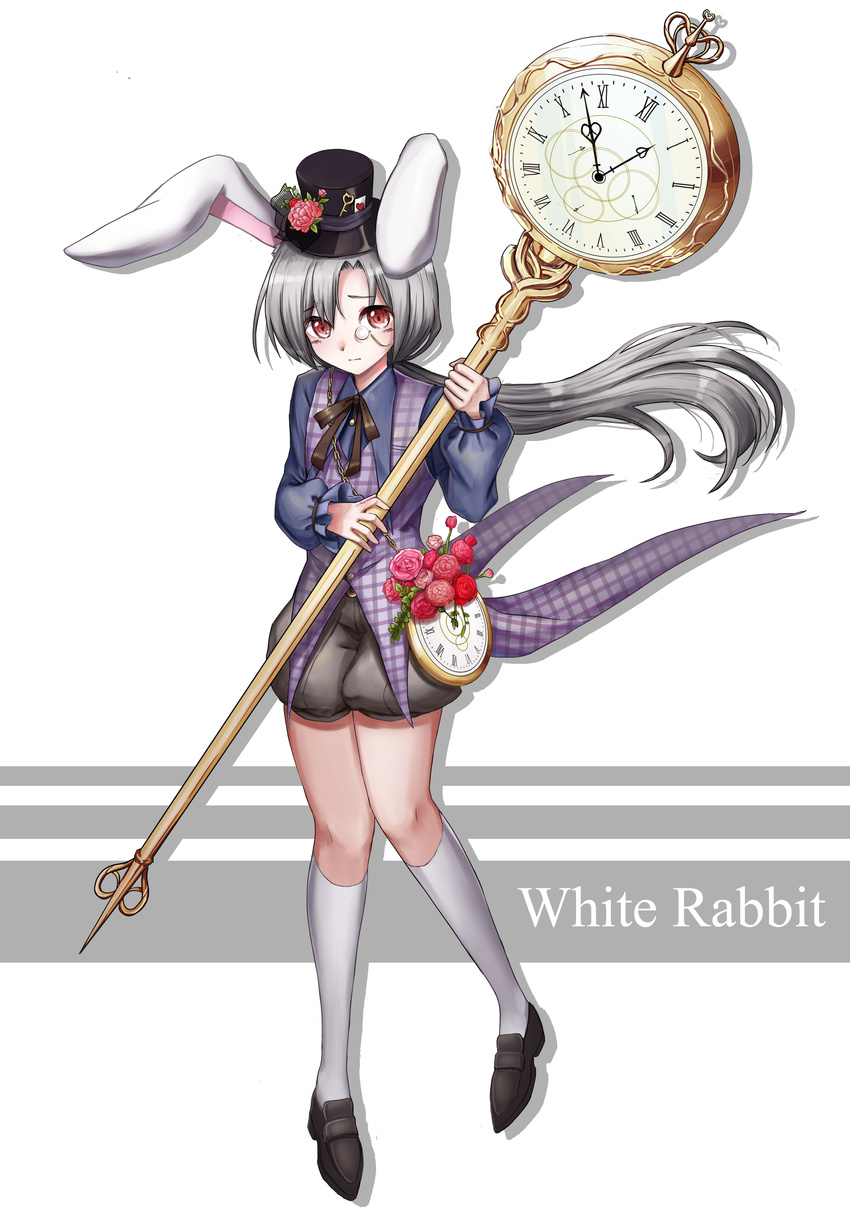absurdres alice_in_wonderland animal_ears black_hat blush bunny_ears character_name clock closed_mouth eyebrows_visible_through_hair full_body grey_hair hat highres kneehighs long_hair looking_at_viewer red_eyes seungju_lee solo top_hat white_legwear white_rabbit