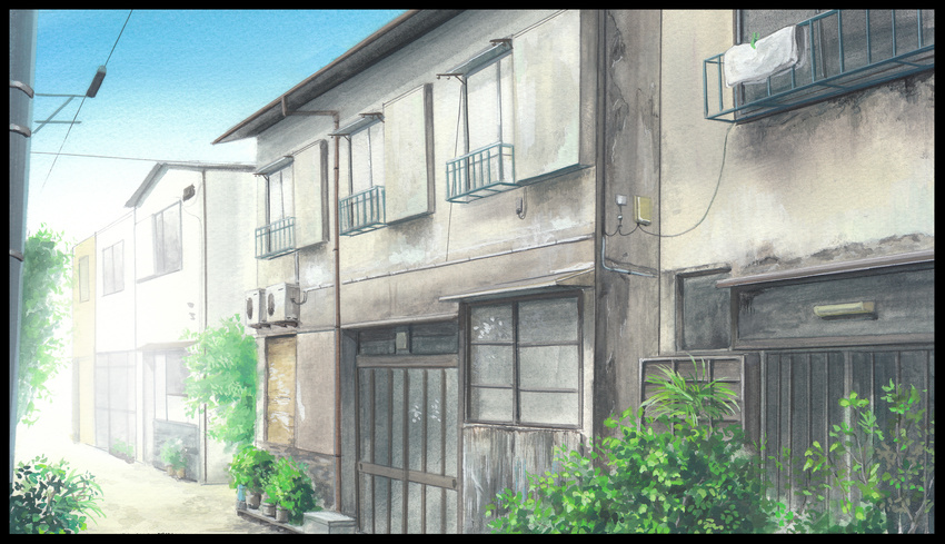 air_conditioner balcony black_border blanket blue_sky border building commentary day door highres hirota_(masasiv3) house no_humans outdoors plant potted_plant power_lines scenery sky town traditional_media tree watercolor_(medium) window