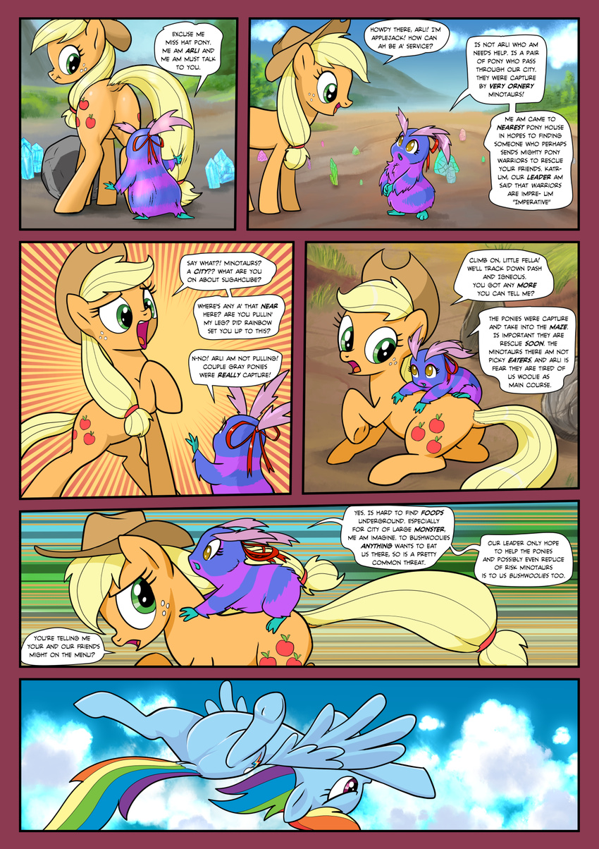 2016 applejack_(mlp) blonde_hair bushwoolies comic cowboy_hat cutie_mark dialogue duo earth_pony english_text equine eyebrows eyelashes feathered_wings feathers female feral friendship_is_magic green_eyes hair hat hi_res horse mammal multicolored_hair multicolored_tail my_little_pony pegasus pencils_(artist) pony rainbow_dash_(mlp) rainbow_hair rainbow_tail text wings