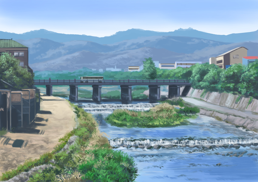 bridge building bus commentary day grass ground_vehicle highres hirota_(masasiv3) horizon house motor_vehicle mountain mountainous_horizon no_humans outdoors river scenery sky traditional_media tree water watercolor_(medium) waterfall