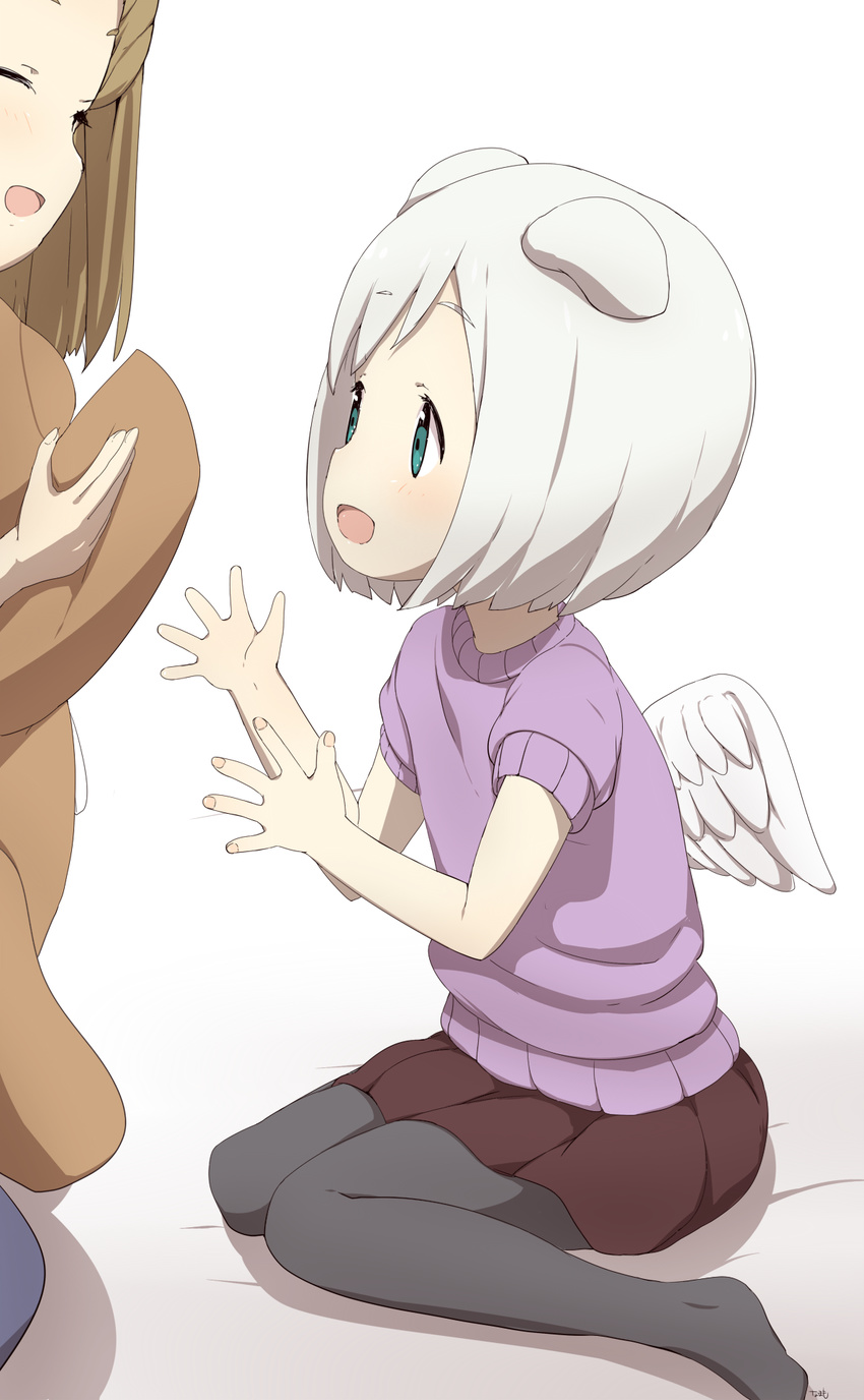 angel_wings animal_ears black_legwear brown_hair cat_ears centaur_no_nayami closed_eyes green_eyes highres knees_together_feet_apart long_hair mitama_suetsumu multiple_girls namamo_(kura) no_tail open_mouth pantyhose purple_shirt shirt short_hair skirt smile stuffed_animal stuffed_toy teddy_bear white_hair wings