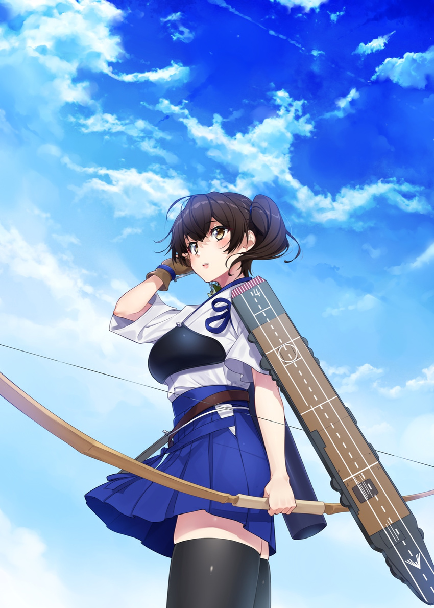 bangs black_legwear blue_sky bow_(weapon) brown_eyes brown_hair cloud commentary_request day flight_deck from_below gloves hakama_skirt highres japanese_clothes kaga_(kantai_collection) kantai_collection long_hair muneate nezumidoshi open_mouth outdoors partly_fingerless_gloves short_sleeves side_ponytail sky smile solo standing tasuki thighhighs weapon yugake yumi_(bow)