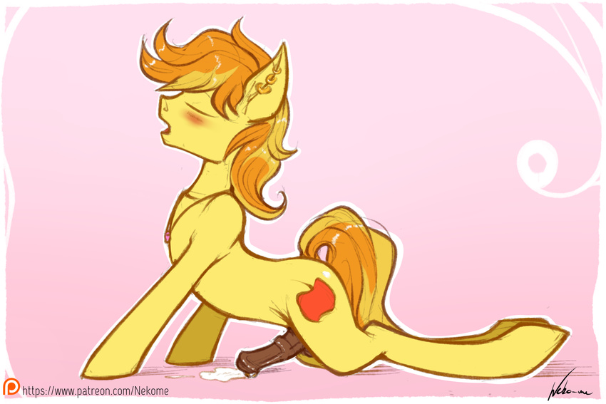 2017 animal_genitalia animal_penis blush braeburn_(mlp) cum cutie_mark ear_piercing earth_pony equine equine_penis eyes_closed feral friendship_is_magic hair hi_res horse male mammal multicolored_hair my_little_pony neko-me patreon penis piercing pony solo two_tone_hair