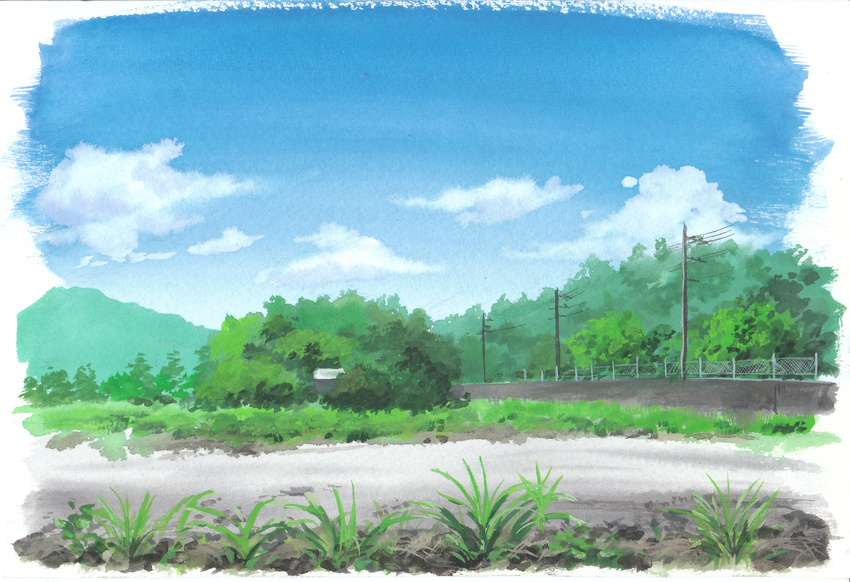 calligraphy_brush_(medium) cloud commentary day grass highres hirota_(masasiv3) no_humans outdoors railing road scenery sky telephone_pole traditional_media tree watercolor_(medium)